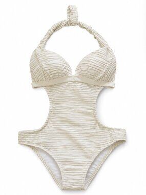 🦋 2/30 VENUS White Gold Stripe Halter Cutout One Piece Swimsuit Size 8